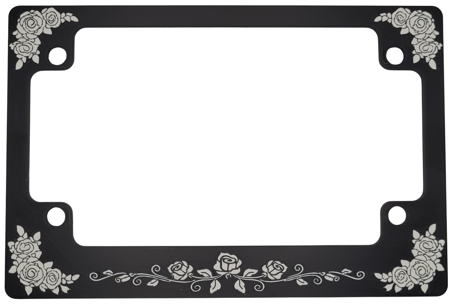 Rose Elegance Motorcycle License Plate Frame – Matte Black with White Rose Flower Design for Women Riders, 4 Screws Included by Voxel Creations