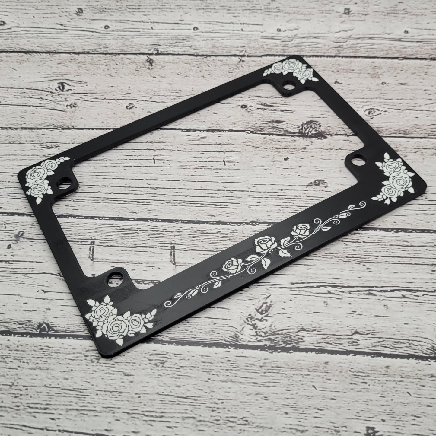 Rose Elegance Motorcycle License Plate Frame – Matte Black with White Rose Flower Design for Women Riders, 4 Screws Included by Voxel Creations
