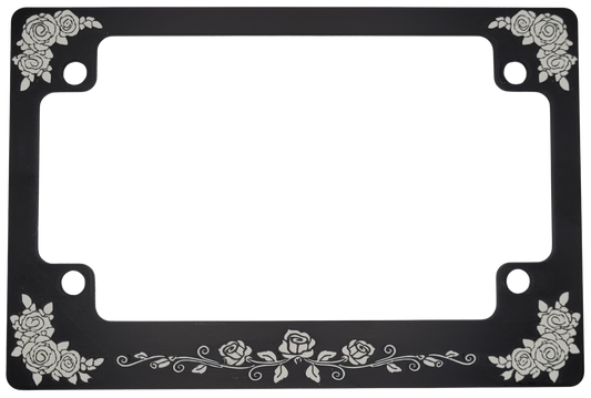 Rose Elegance Motorcycle License Plate Frame – Matte Black with White Rose Flower Design for Women Riders, 4 Screws Included by Voxel Creations