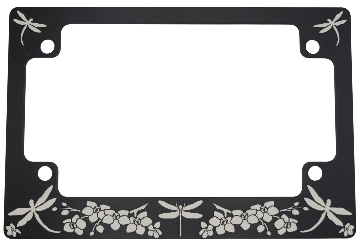 Dragonfly Motorcycle License Plate Frame – Matte Black with White Dragonflies and Flowers Design for Women Riders, 4 Screws Included by Voxel Creations (Copy)