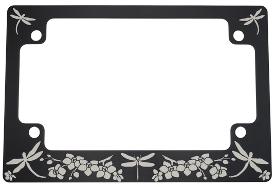 Dragonfly Motorcycle License Plate Frame – Matte Black with White Dragonflies and Flowers Design for Women Riders, 4 Screws Included by Voxel Creations (Copy)
