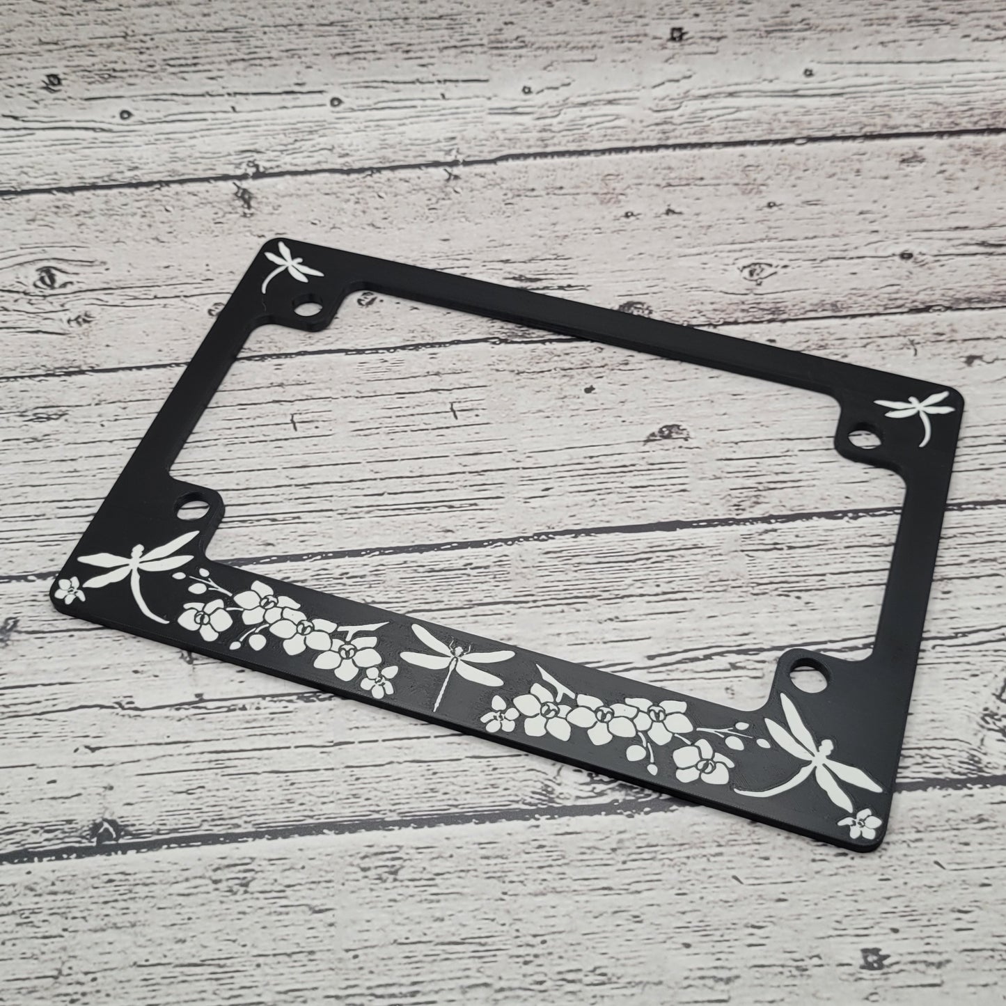 Dragonfly Motorcycle License Plate Frame – Matte Black with White Dragonflies and Flowers Design for Women Riders, 4 Screws Included by Voxel Creations (Copy)